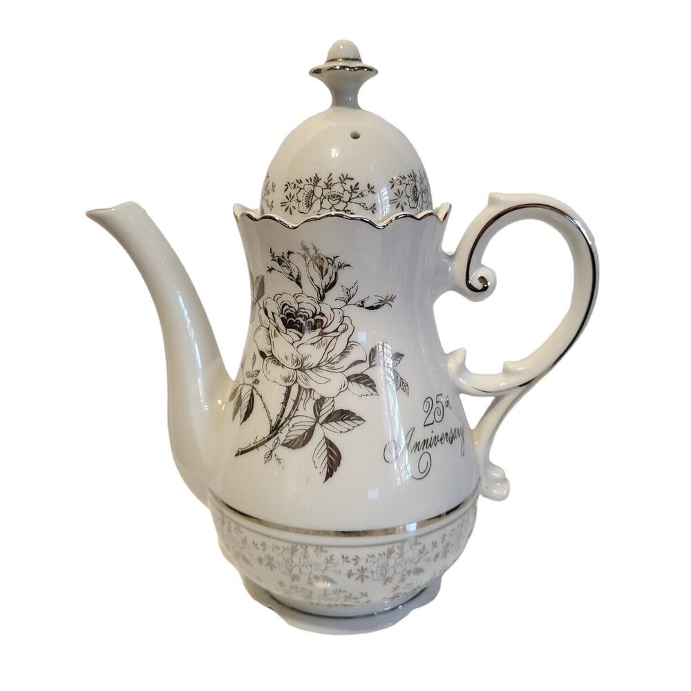 Vintage 25th Anniversary Silver Rose Porcelain Coffee Pot‎ Teapot White Silver